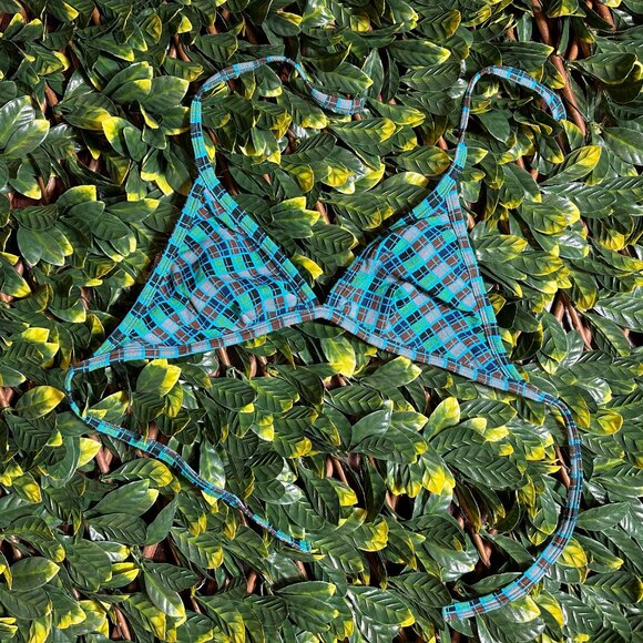 Y2K Diesel Blue Brown Plaid Tie Halter Bikini Top Size L - Picture 1 of 4